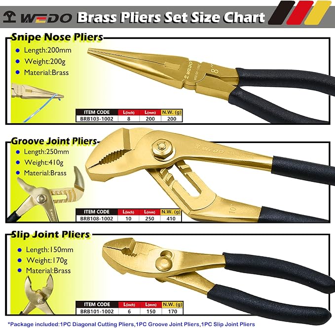 WEDO Brass Pliers Set with Non-Slip Handle - 8" Snipe Nose, 10" Groove Joint, 6" Slip Joint