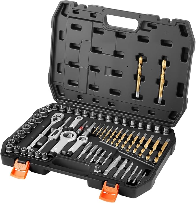 VEVOR 63-Piece Bolt Extractor Kit & Screw Extractor Set, Lug Nut Removal Tool with Left Hand Drill Bit Set, Nut Splitters, Taps & Tap Wrench, Ratchet, Adapters for Removing Rounded, Broken, Stripped