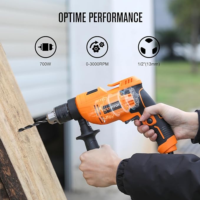 Hammer Drill，5.8Amp Corded Hammer Drill,1/2" Variable Speed Drill with 9 Pcs Drill Bit Set,Multi-angle Aauxiliary Handle for Wood, Concrete, and Plastic