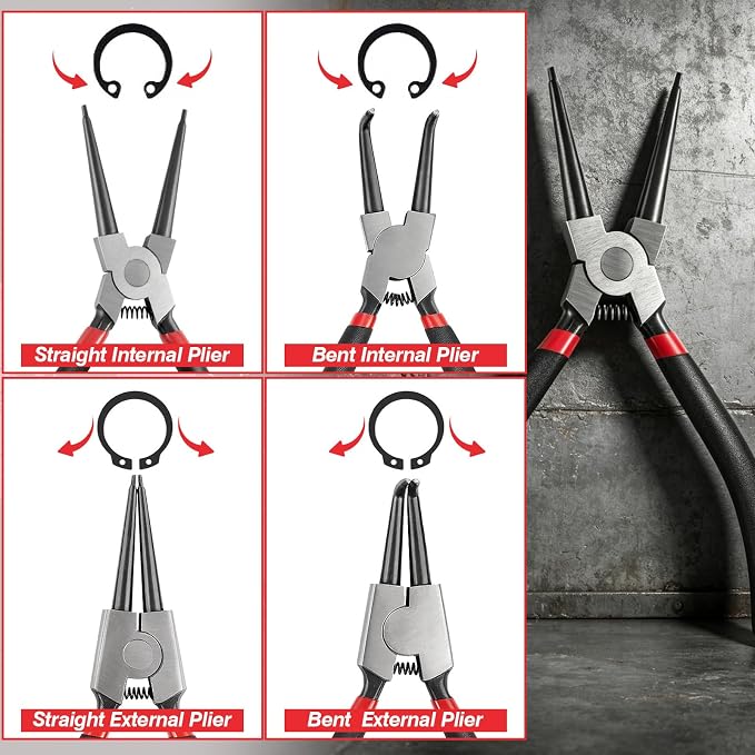 Doaho 4Pcs Snap Ring Pliers Set,Heavy Duty 7 Inch Circlip Plier Cr-V Steel C Clip Pliers Kit with Straight and Bent Jaw for Internal External Rings Automotive Machinery Repair