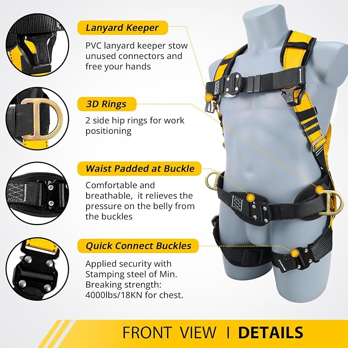 TRSMIMA Safety Harness Fall Protection - Harness Kit for Men Construction | Fall Arrest Roofing Harness Kit Men Full Body Harness with Lanyard for Work Upgrade 4 Quick Buckles Orange