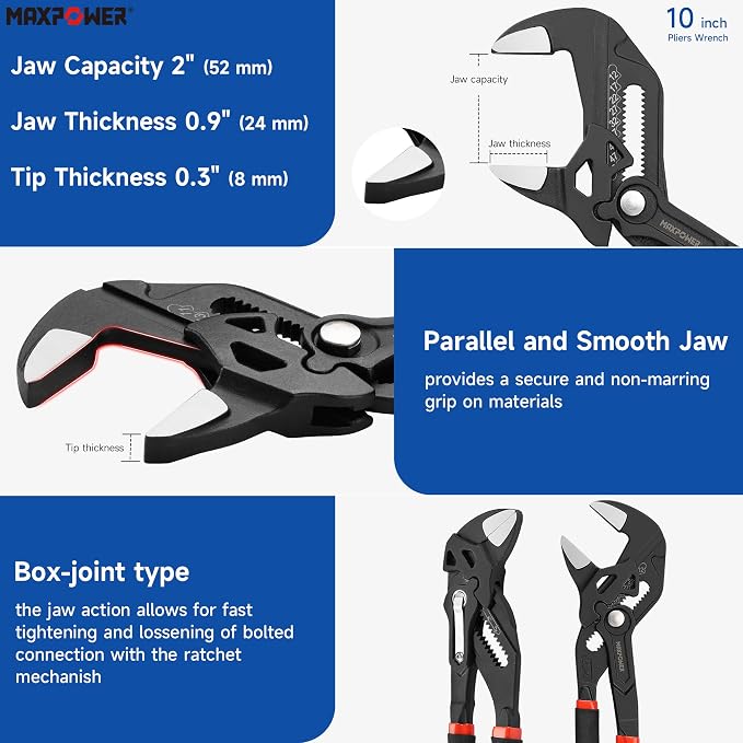 MAXPOWER 10-inch Pliers Wrench, 2-inch Jaw Opening, Smooth Parallel Jaws