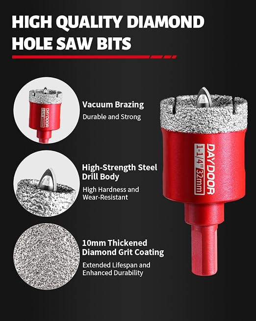 DAYDOOR 1-1/4" Diamond Hole Saw Bits with Pilot Drill Bit-2pcs 32mm Diamond Tile Hole Saw with Guiding Bit for Porcelain Tile Ceramic Pottery Granite Stone Glass Bottles(3/8" Triangle Shank)