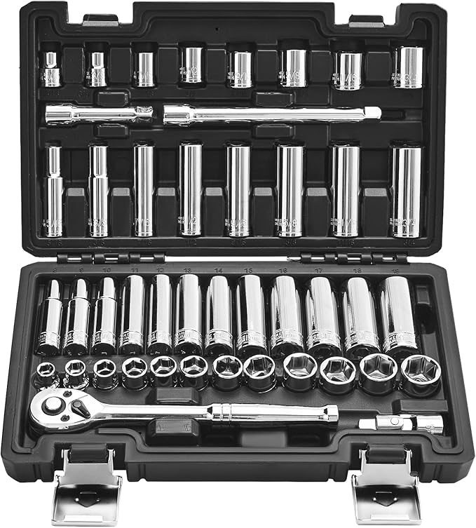 VEVOR Socket Set, 44 Pieces, 3/8 inch Drive Socket and Ratchet Set, SAE and Metric, Deep and Shallow, Mechanic Tool Kit with Accessories and Storage Case, CR-V Alloy Steel, for Automotive Repair