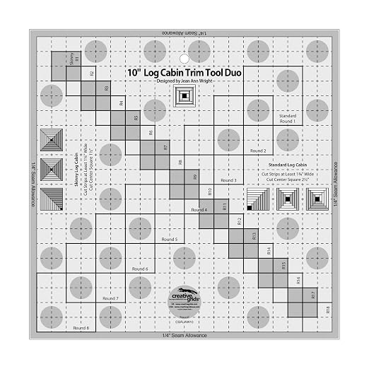 Creative Grids 10in Log Cabin Trim Tool Quilt Ruler – CGRJAW10 – Made in USA, 10-1/2in x 10-1/2in, Non-Slip Grip Acrylic Quilting, Sewing, Crafting, Patchwork Ruler & Template