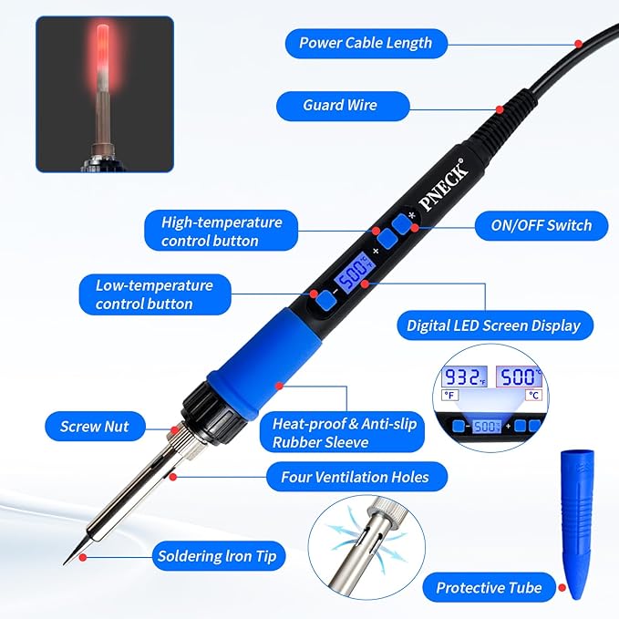 Soldering Iron Kit, 80W Soldering Iron Pen with Adjustable Temperature, LCD Display, ON/OFF Switch, 5 Tips, Solder Wire, Stand with Sponge, Pump, Paste, Tweezer, Blue