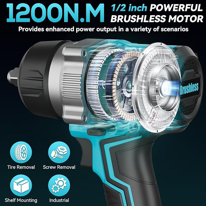1/2 Inch Cordless Impact Wrench, 900 Ft-lbs (1200 N·m) High Torque Brushless Impact Driver Gun, 2300 RPM, 2×4.0 Ah Batteries, LED Light, 4 Sockets, Variable Speed Power Tool for Car & Tire Removal