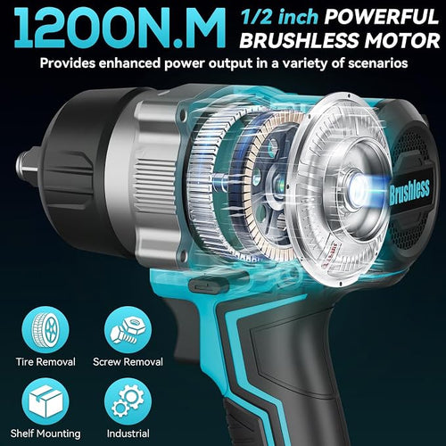 1/2 Inch Cordless Impact Wrench, 900 Ft-lbs (1200 N·m) High Torque Brushless Impact Driver Gun, 2300 RPM, 2×4.0 Ah Batteries, LED Light, 4 Sockets, Variable Speed Power Tool for Car & Tire Removal