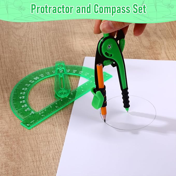Zonon Student Protractor and Compass Set, Student Geometry Math Set Drawing Compass and 180 Degree 6 Inch Protractor with Swing Arm for Drawing Measuring School Office(Green)