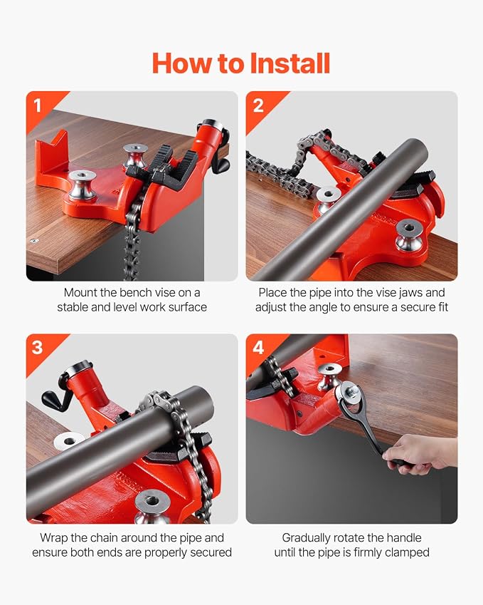 VEVOR Heavy-Duty Pipe Chain Vise, 1/2" - 8" Pipe Capacity, 34.6" Rugged Chain & Cast Iron Base, Industrial-Grade Pipe Clamping for Plumbing, Automotive Repairs, Metalworking
