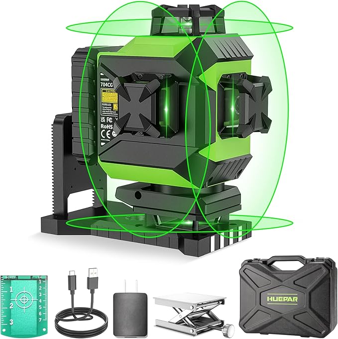 Huepar 4x360 Laser Level Self-leveling 4D Green Beam Cross Line 16 Lines Tiling Floor Laser Tool -2x360 Horizontal/Vertical Laser Lines -rechargeable Li-ion Battery & Integrated Magnetic Bracket 704CG