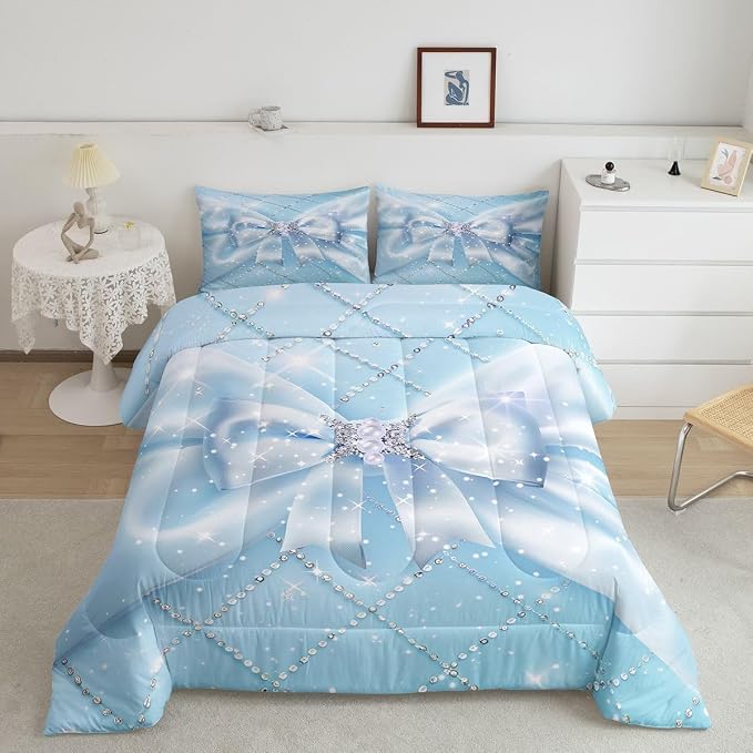 Feelyou Blue Bow Bedding Set Soft for Boys Girls, Glitter Bowknot Comforter Set King Size Princess Duvet Quilt Microfiber Bedroom Decor 3 Pcs with 2 Pillow Cases