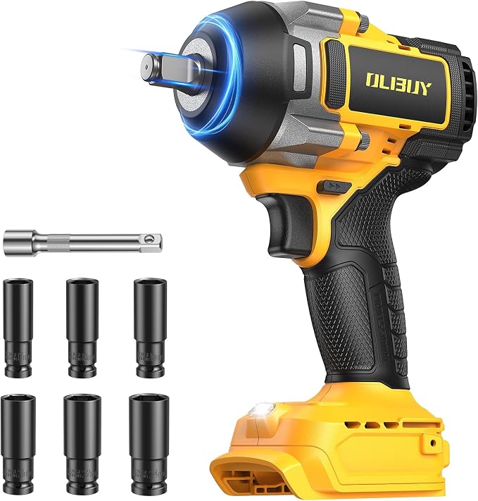 OLIBUY Cordless Impact Wrench for De-walt 20V Battery, 1106Ft-lbs (1500N.m) 1/2 Electric Impact Driver, 3 Speed High Torque Impact Gun with 6 Sockets, Impact Wrench for Car Home Mower (No Battery)