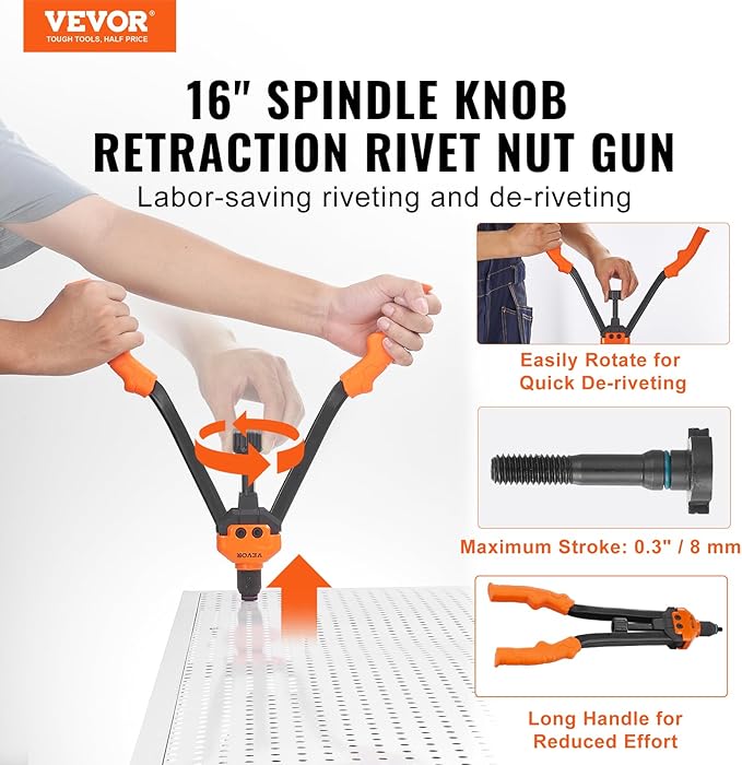 VEVOR 16" Rivet Nut Tool, Labor-Saving Rivnut Tool Kit with 13PCS Metric & SAE Mandrels, 186PCS Rivet Nuts,M3, M4, M5, M6, M8, M10, M12, 1/4-20, 5/16-18, 3/8-16,1/2-13, 8-32, 10-24 with Carrying Case