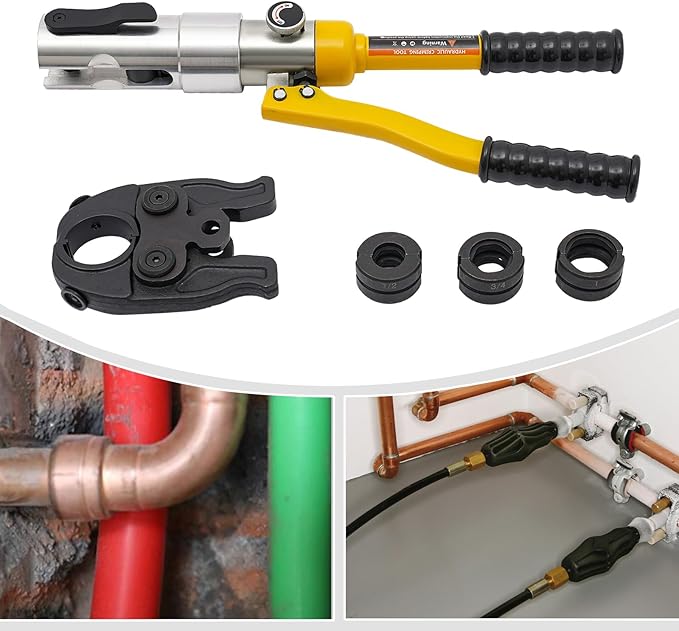 PEX Pipe Press Crimping Tool Kit, Hydraulic Copper Tube Fittings 1/2, 3/4, 1" Press Crimping Tool Kit Copper Ring Removal Tool for Most Copper Tees Elbows Straight Pipes