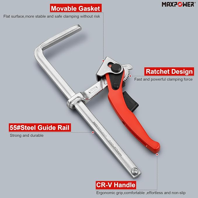 MAXPOWER Ratcheting Table Clamp, Quick Release Clamp For MFT and Guide Rail System, Bar Clamp with 7 7/8" Capacity x 2 3/8" Throat Depth, 530 lbs Clamping Force - 2 Pack