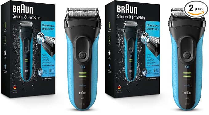Braun Electric Series 3 Razor with Precision Trimmer, Rechargeable, Wet & Dry Foil Shaver for Men, Blue/Black, 4 Piece (Pack of 2)