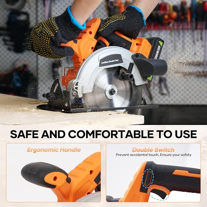 20V 6-1/2-inch Cordless Circular Saw, 2.0Ah Battery Powered: Brushless Motor, 45° Bevel Capacity, Max Cutting Depth 2-1/4-inch (90°), 1-1/2-inch (45°), Electric Circular Saw for Wood, Plastic Cutting
