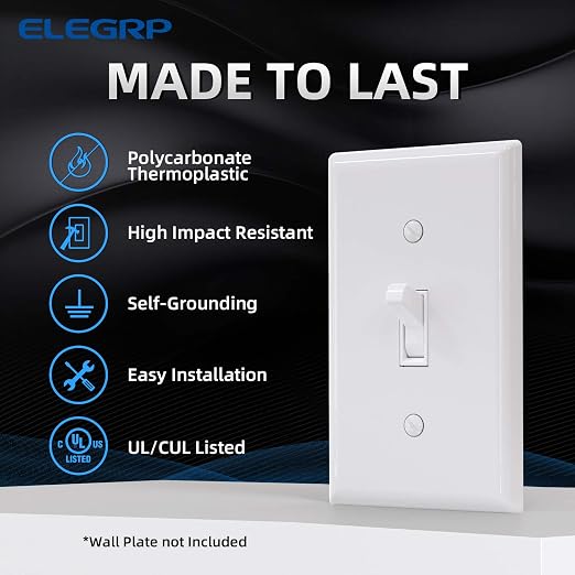 ELEGRP 4 Way Toggle Light Switch, 15 Amp, 120-277V, Toggle Framed AC Quiet Switch, in Wall On/Off, Self-Grounding, Residential and Commercial Grade, UL Listed (5 Pack, Glossy White)