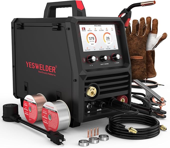 YESWELDER Firstess SP200 MIG Welder, 110V/220V 200A 6-In-1 MIG/Pulsed MIG/Flux Core/Lift TIG/Stick/Spool Gun Compatible LCD Screen Welding Machine & Welding Gloves, E71T-GS, ER70S-6 2LB .030 MIG Wire