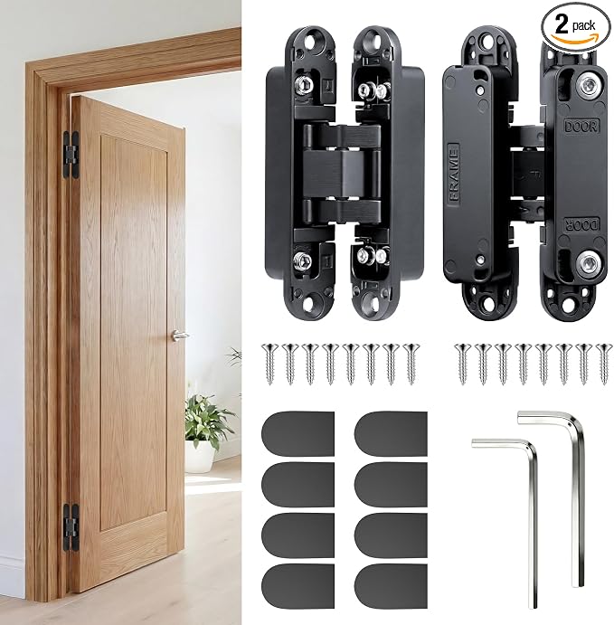 4.5" Hidden Door Hinges, Invisible Concealed Hinges, 180° Swing Adjustable Butt Hinge, Silent Operation, Ideal for Secret Rooms, Bookcase Doors & More (Black, 2 Pack)