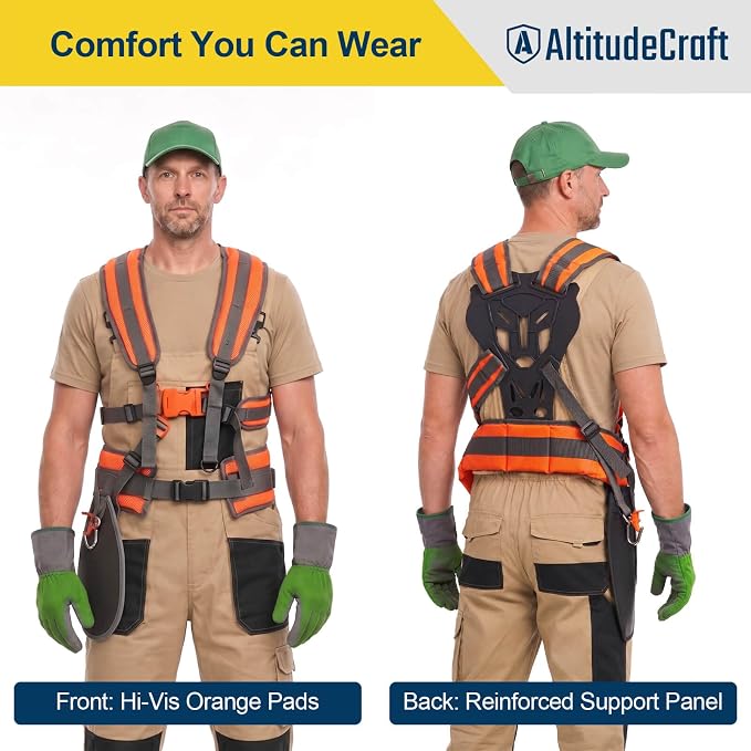 Adjustable Weed Eater Strap, Padded 5-Point Trimmer Harness | Hi-vis orange weed wacker strap harness for string trimmers and brush cutters. Designed for left- or right-handed use.