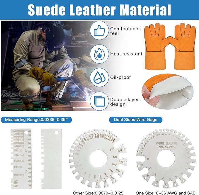 6Pcs Welding Accessories, Chipping Hammer 10.55 In, Pliers 8.07 In, Wire Brush 9.84 In, Metal Sheet Gauges and Welding Gloves, Essential Welder Cleaning Set for Slag Removal & Maintenance