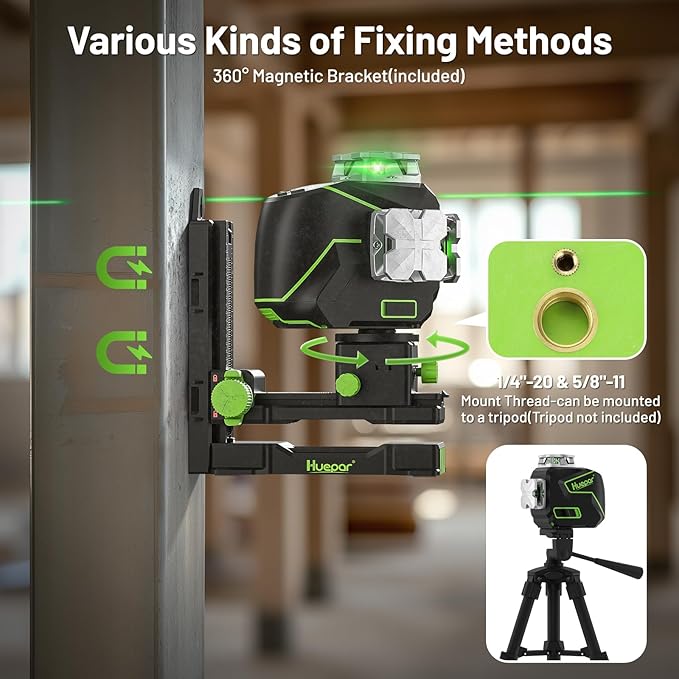 Huepar Laser Level 360 Self Leveling, 3x360° Green 3D Cross Line Laser with LCD Screen, Bluetooth Outdoor Pulse Mode Laser Tool for Construction -Remote Control, Li-ion Battery or 4 AA Batteries-S03CG