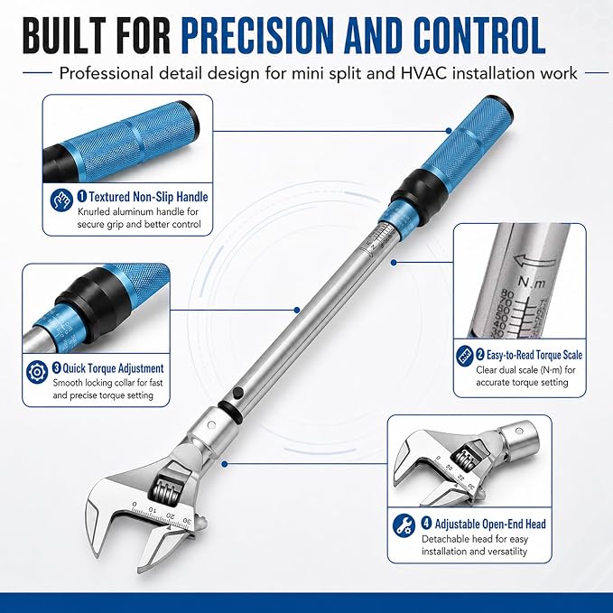 Open End Torque Wrench for Mini Split Installation, 10–80 Nm HVAC Torque Wrench with Adjustable 0–30 mm Head and Click Warning for Flare Nut Connections