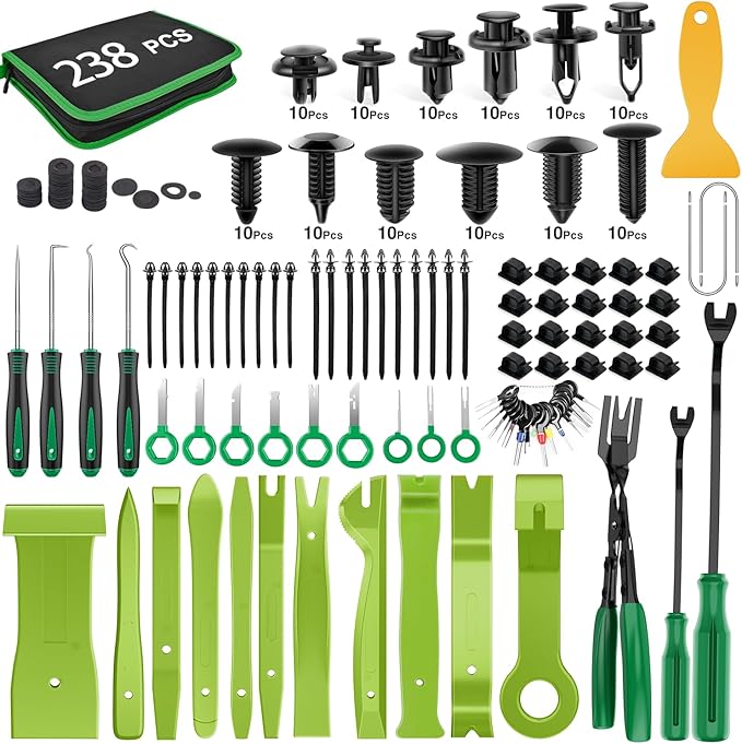 GOOACC 238Pcs Trim Removal Tool, Auto Push Pin Bumper Retainer Clip Set Fastener Terminal Remover Tool Adhesive Cable Clips Kit Car Panel Radio Removal Auto Clip Pliers, Green