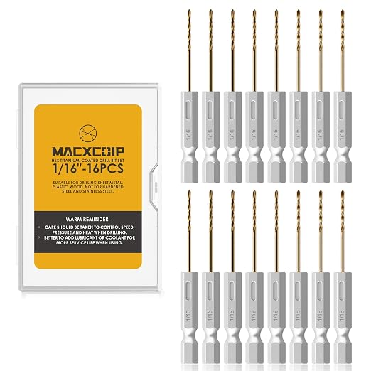 Drill Bit Set, 16Pcs 1/16" Titanium Twist Drill Bit for Sheet Metal, Wood, Plastic, Quick Change Design