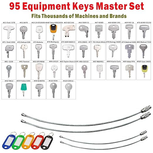 95PCS Heavy Equipment Keys,Construction Machine Operator Ignition Keys for Genie Skyjack JLG JD Cat Case Komatsu Kubota Sany New Holland Takeuchi Terex Yammar Toyata Bobcat