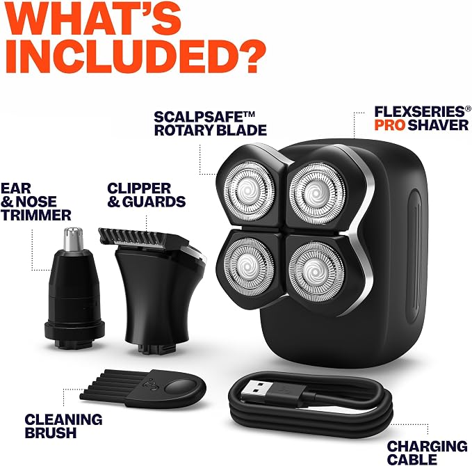 Freebird Electric Head & Body Hair Shaver - Mens Cordless Waterproof Razor with Rotary Blades (FlexSeries Pro, Shaver Kit + One Blade Refill)
