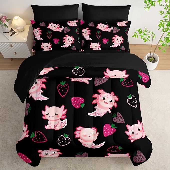 Cute Axolotl Comforter Set,Bed in a Bag Full Size 7 Pieces,Marine Life Themed Bed Set for Kids Girls Toddler,7Pcs Bedding Set with Comforter,Fitted Sheet,Flat Sheet,Pillowcases.