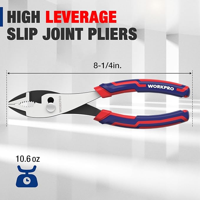 WORKPRO 8” Slip Joint Pliers Tool, Large Soft Grip,Rust Prevention Finish, 3-Zone Serrated Jaw Forged from High Carbon Steel for Maximum Grip