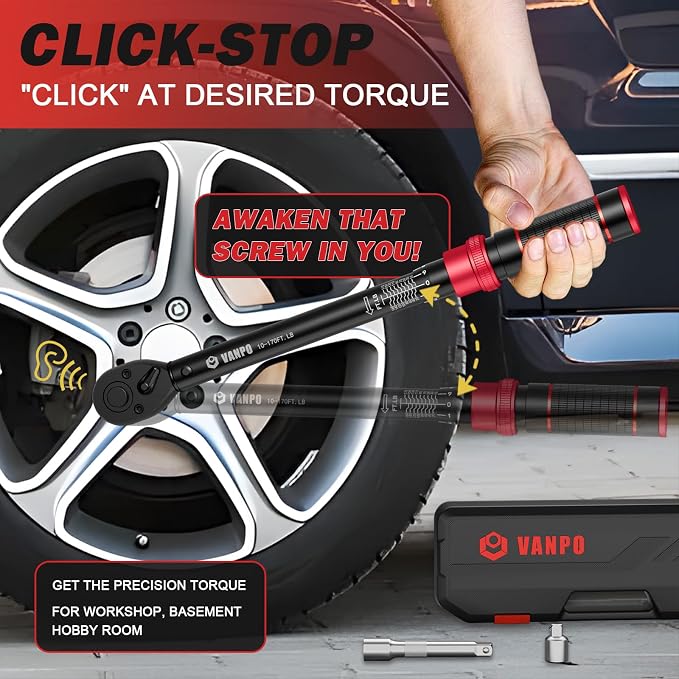 VANPO 1/2 Inch Drive Torque Wrench for Lug Nuts & Automotive, 10-170 Ft-Lb | Click Type, ±3% Accuracy,72-Tooth Dual-direction Ratchet, Dual Scale, for Tire, Car & Motorcycle Repair