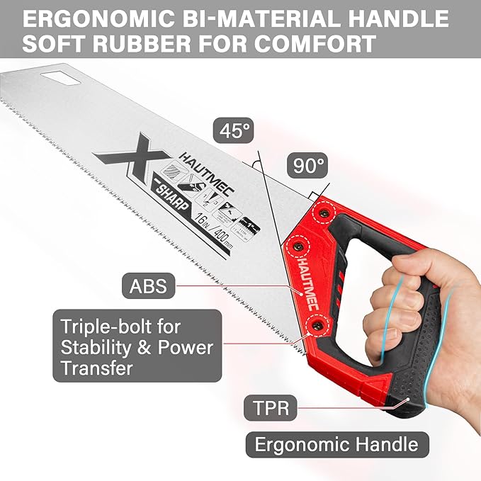 HAUTMEC X-Sharp 16" Pro Hand Saw for Wood Cutting & Woodworking, 11 TPI Crosscut Handsaw with Triple-Ground Teeth, Fine Cut Saws for PVC, Plastic & Trees