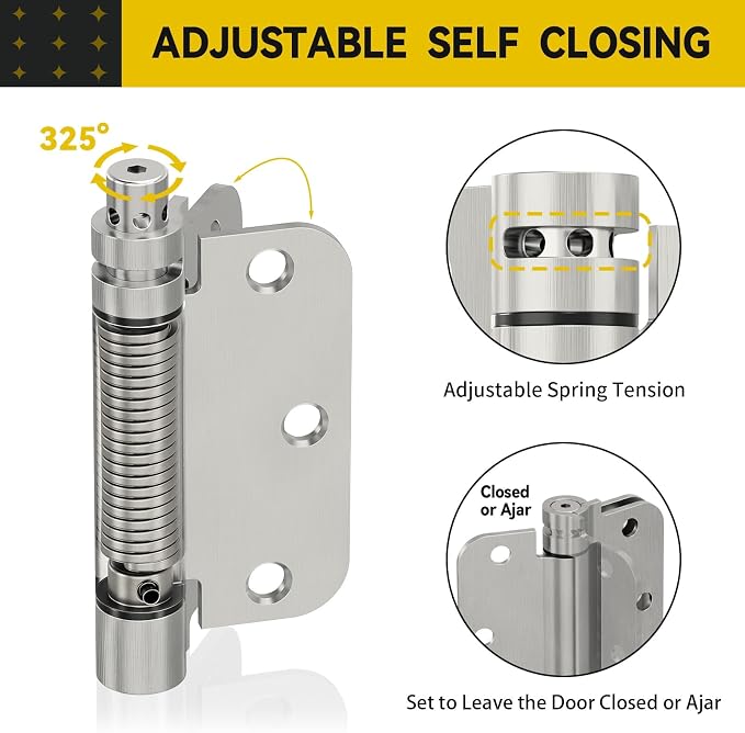 4 Pack Self Closing Door Hinges, 3.5 Inch Spring Loaded Door Hinges for Garage, Front, Back Door, Left/Right Hand, Adjustable Tension, 5/8'' Radius Corners, UL Listed, Brushed Nickel