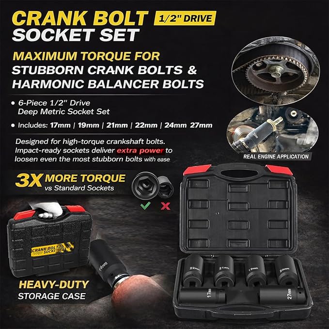1/2’’ Drive Weighted Crank Bolt Socket Set, 17MM, 19MM, 21MM, 22MM, 24MM, 27MM, Harmonic Balancer Socket Set, Weighted Metric Deep Impack Socket Kit, 3 Times Momentum Power of Standard Impact Socket