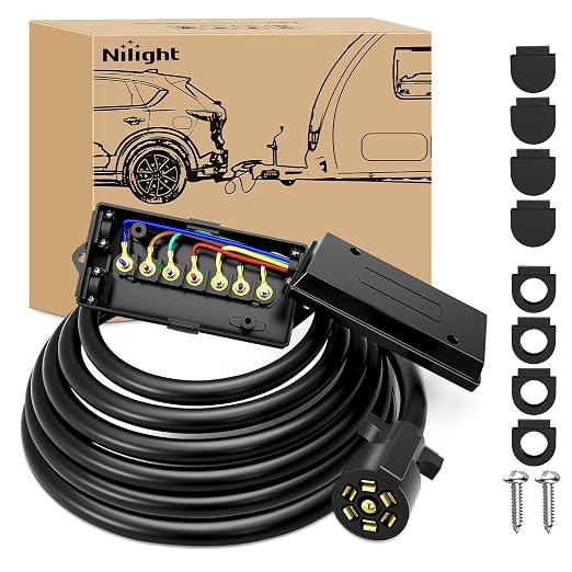 Nilight Heavy Duty 7 Way Inline Trailer Plug with 7 Gang Junction Box | Weatherproof 12 Feet Connector Cable Wiring Harness Suitable for RV Automotives Cars
