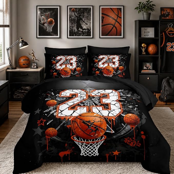 Basketball Print Comforter Set for Kids Boys,Ball Sports Games Themed All Season Bedding Twin Size,Orange Basketball and Hoop Home Decor with Comforter,Fitted Sheet,Flat Sheet,Pillowcases.