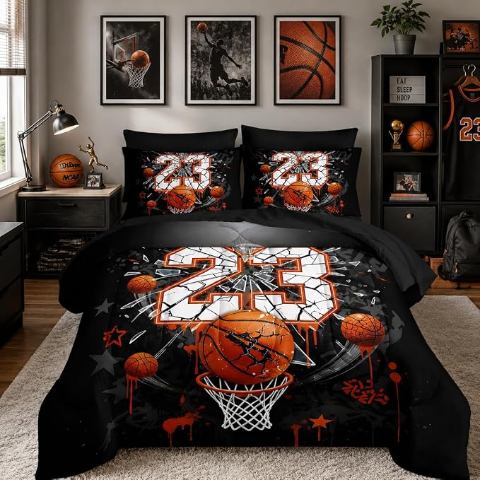 Basketball Print Comforter Set for Kids Boys,Ball Sports Games Themed All Season Bedding Queen Size,Orange Basketball and Hoop Home Decor with Comforter,Fitted Sheet,Flat Sheet,Pillowcases.