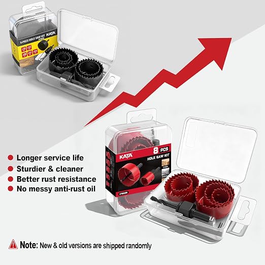 KATA 8PCS Hole Saw Kit 1" to 2-1/8"(25-54mm) Hole Saw Set in Case with 1PC Mandrels, 2PC Drill Bits and 1PC Hex Key for Soft Wood, PVC Board, Plywood, Red