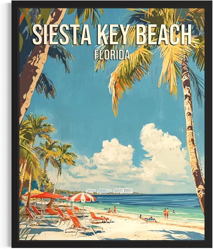 Siesta Key Beach Florida Unframed Wall Art Print Poster, US Vintage Retro Beach Scenery Posters Prints for Restroom Home Picture Painting Artwork Gallery 219 (Siesta Key Beach Florida, 20"L x 16"W, Unframed)