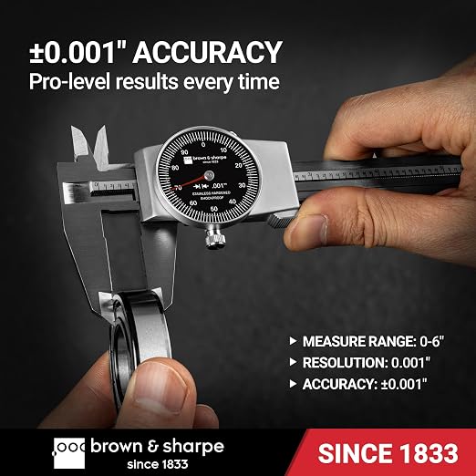 Brown & Sharpe Dial Caliper Measuring Tool 0-6", Swiss Core Movement 0.001" Accuracy, Shock-Proof Dial Vernier Caliper with Locking Screw, 4-Way Measurement, Hardened Stainless Steel, Smooth Operation