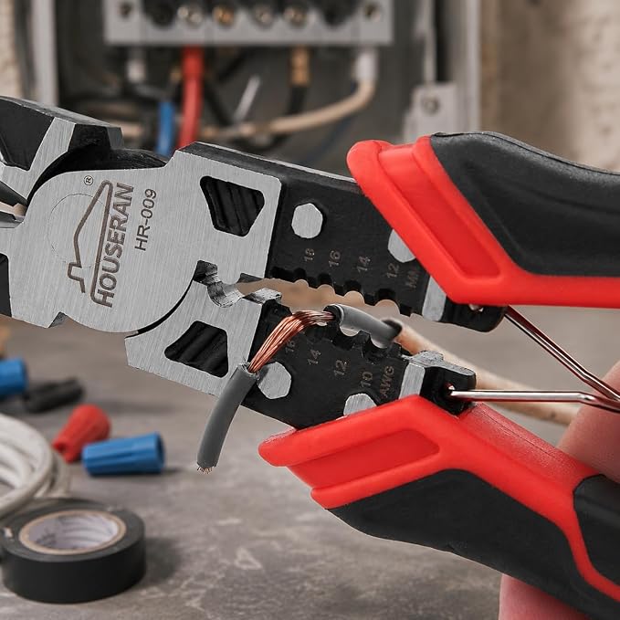 Linemans Pliers, 8.3 Inch Combination Pliers, | with Wire Stripper and Crimper, Spring Loaded with Safety Lock, 5-in-1 Linesman Pliers for Cutting, Crimping, Stripping