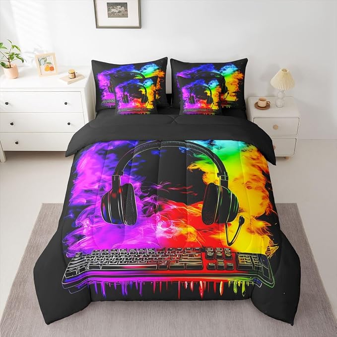Erosebridal Gaming Keyboard Queen Comforter Set with Sheets | Gaming Headphones 7-Piece Bedding Set Watercolor Smoke Fire Bed in a Bag, Gamer Headset Bed Sets