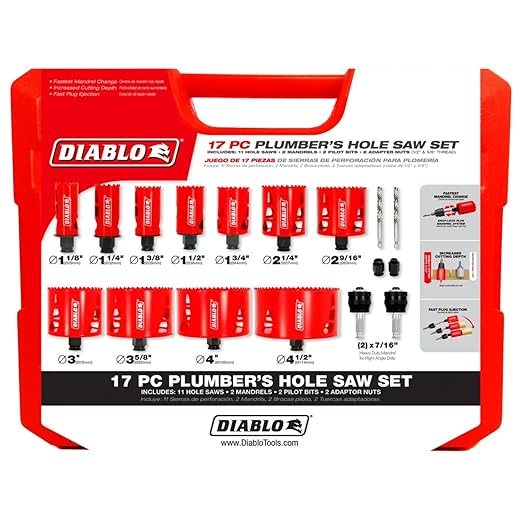Diablo Bi-Metal Hole Saw Set for Plumbers - Fits with Snap-Lock Plus Mandrel System - 11 Saw Cups, 2 Snap-Lock Plus Mandrels, 2 Pilot Bits, 2 Adaptor Nuts - DHS17SPL