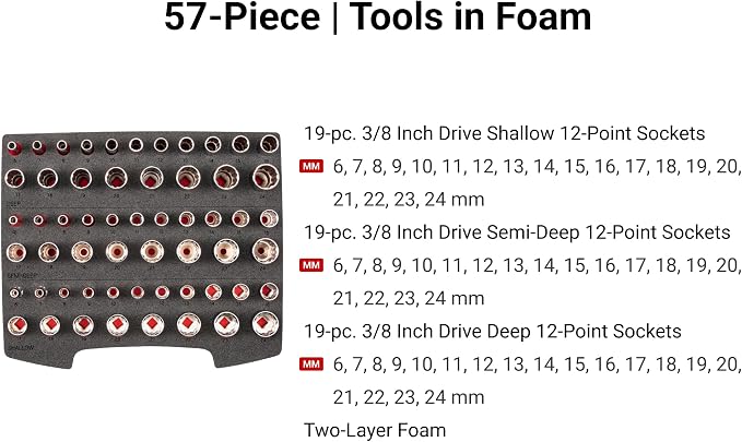 TEKTON 3/8 Inch Drive 12-Point Socket Set, 57-Piece | SHD91702 | (6 - 24 mm), Shallow, Semi-Deep, and Deep, Stacking Organizer, Custom Foam