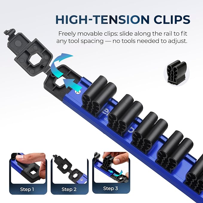 Reniteco Magnetic Screwdriver & Wrench Organizer, 12-Slot Tool Holder | Heavy-Duty Aluminum Alloy Rail Tool Holder, Flexible High-Tension Tool Clips, Magnetic Base, Tool Box Drawer or Wall Mount